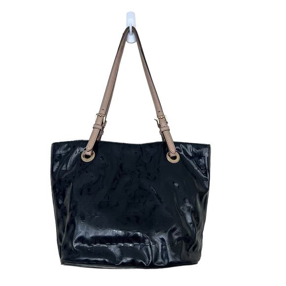 Michael Kors Black Jet Set Patent Leather Monogram Tote Shoulder Bag - Picture 1 of 9